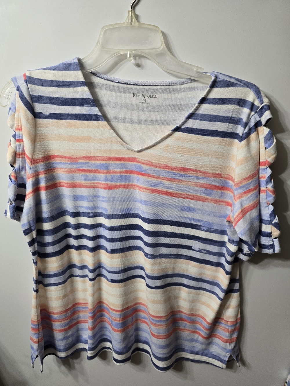 Kim Rogers Multicolor Striped Short Sleeve Tee - Navy, Light Blue, Coral, Cream
